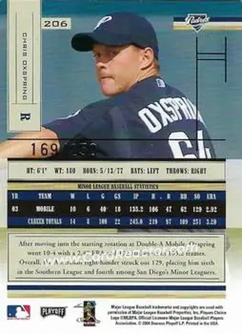 2004 Playoff Absolute Memorabilia - Signature Spectrum Silver #206 - Chris Oxspring - San Diego Padres - Back 2004 Playoff Absolute Memorabilia - Signature Spectrum Silver #206 - Chris Oxspring - San Diego Padres - Back