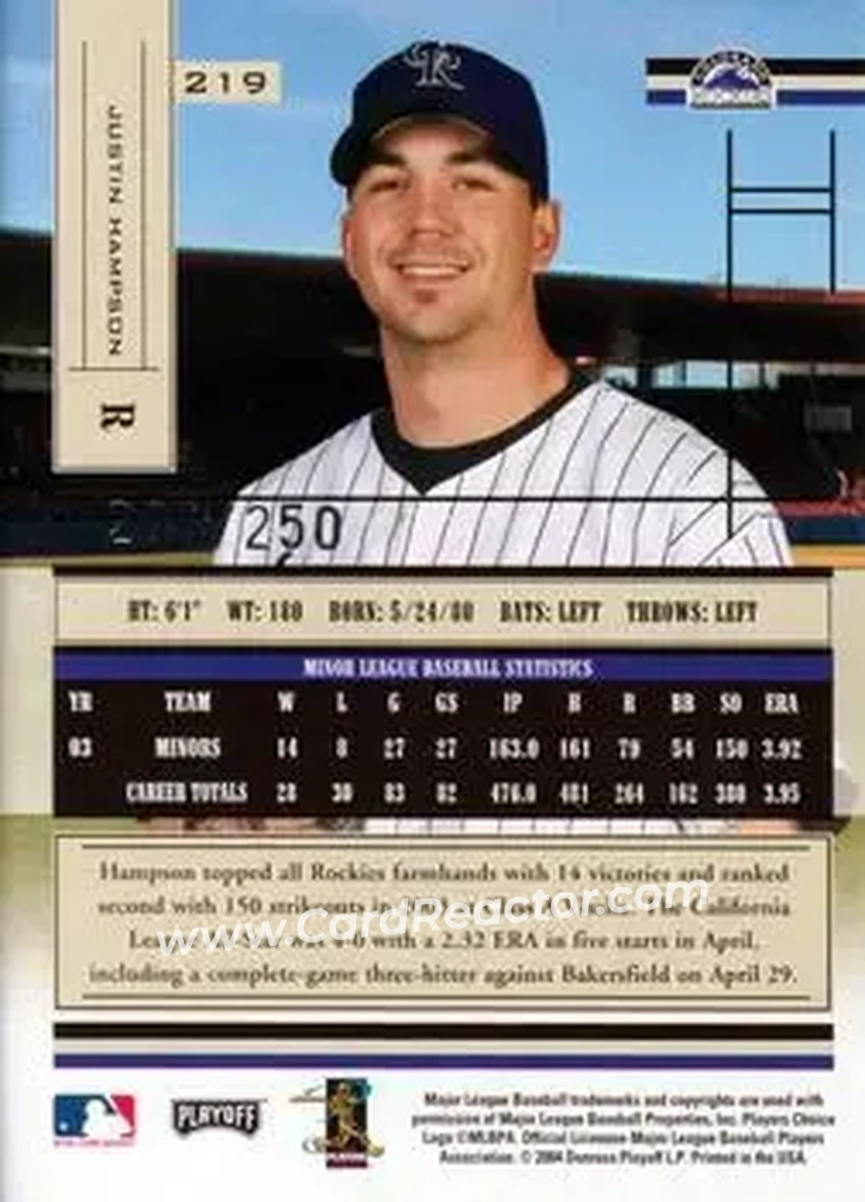 2004 Playoff Absolute Memorabilia - Signature Spectrum Silver #219 - Justin Hampson - Colorado Rockies - Back