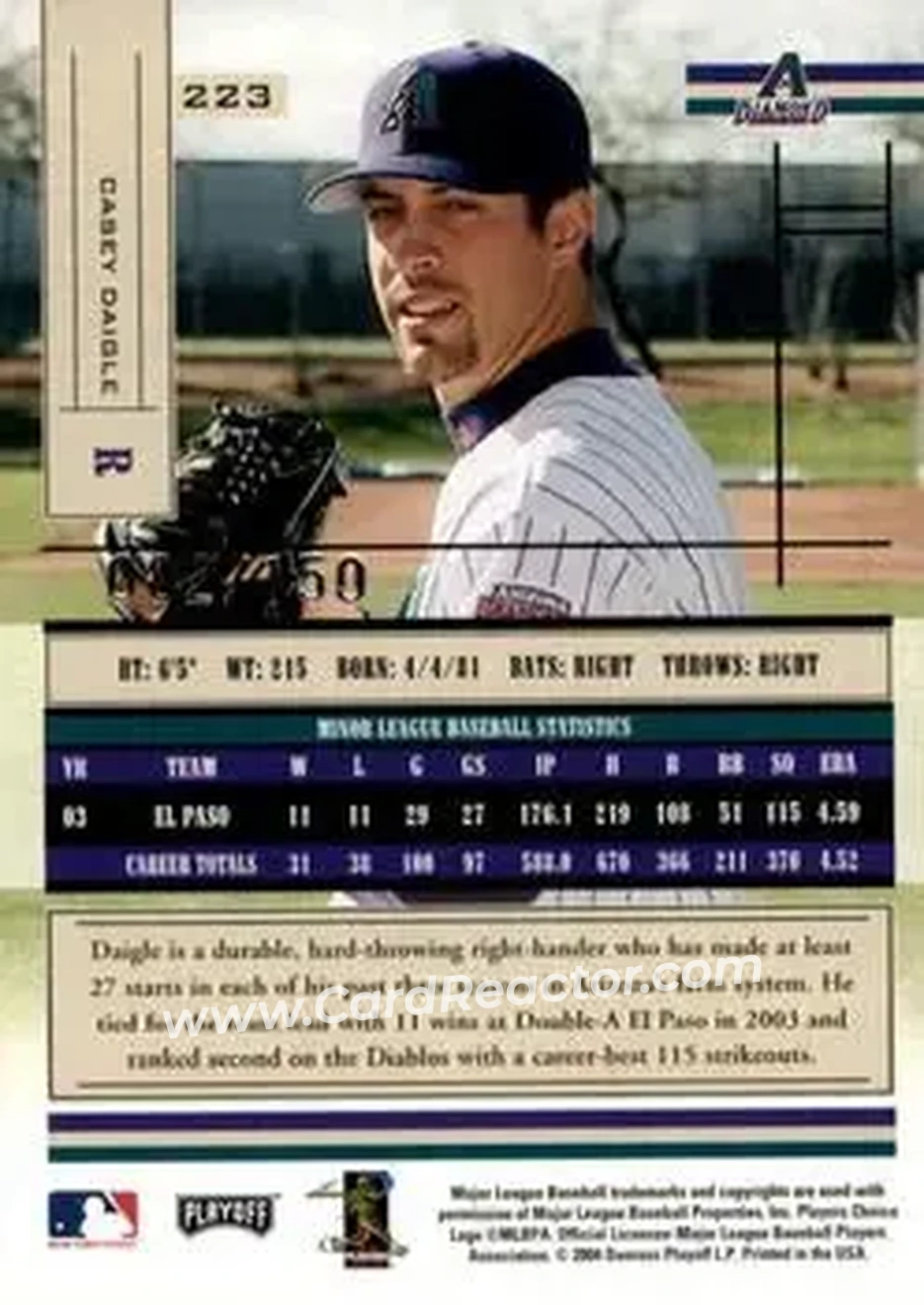 2004 Playoff Absolute Memorabilia - Signature Spectrum Silver #223 - Casey Daigle - Arizona Diamondbacks - Back