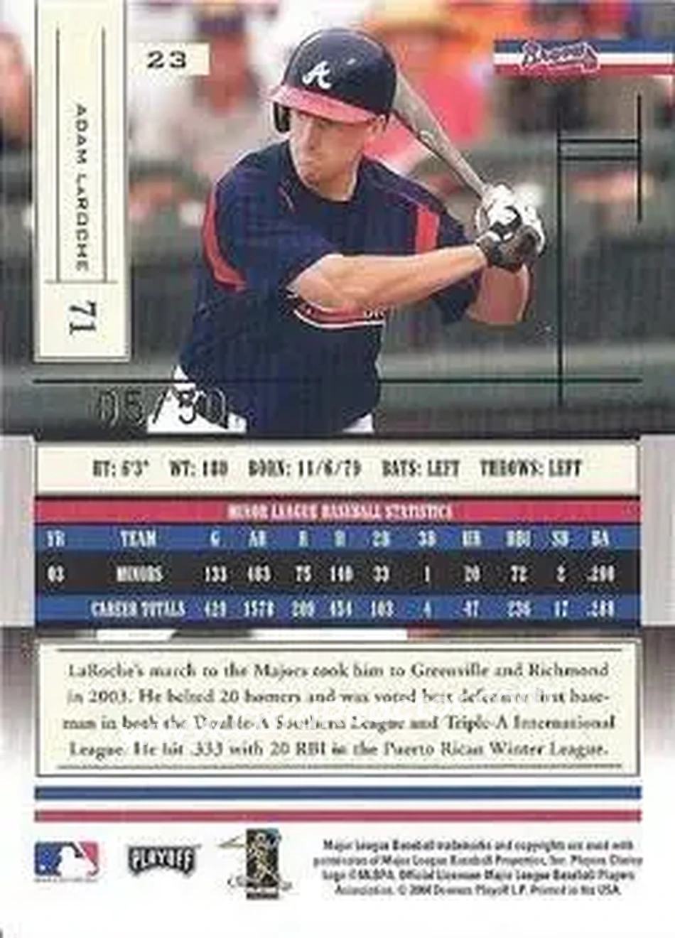 2004 Playoff Absolute Memorabilia - Spectrum Gold #23 - Adam LaRoche - Atlanta Braves - Back