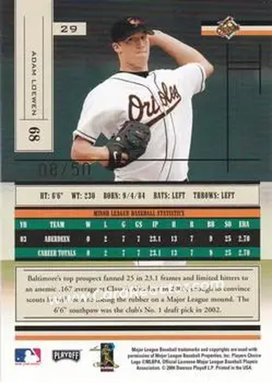 2004 Playoff Absolute Memorabilia - Spectrum Gold #29 - Adam Loewen - Baltimore Orioles - Back