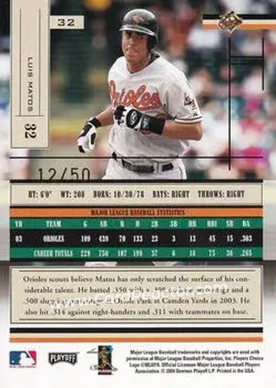2004 Playoff Absolute Memorabilia - Spectrum Gold #32 - Luis Matos - Baltimore Orioles - Back