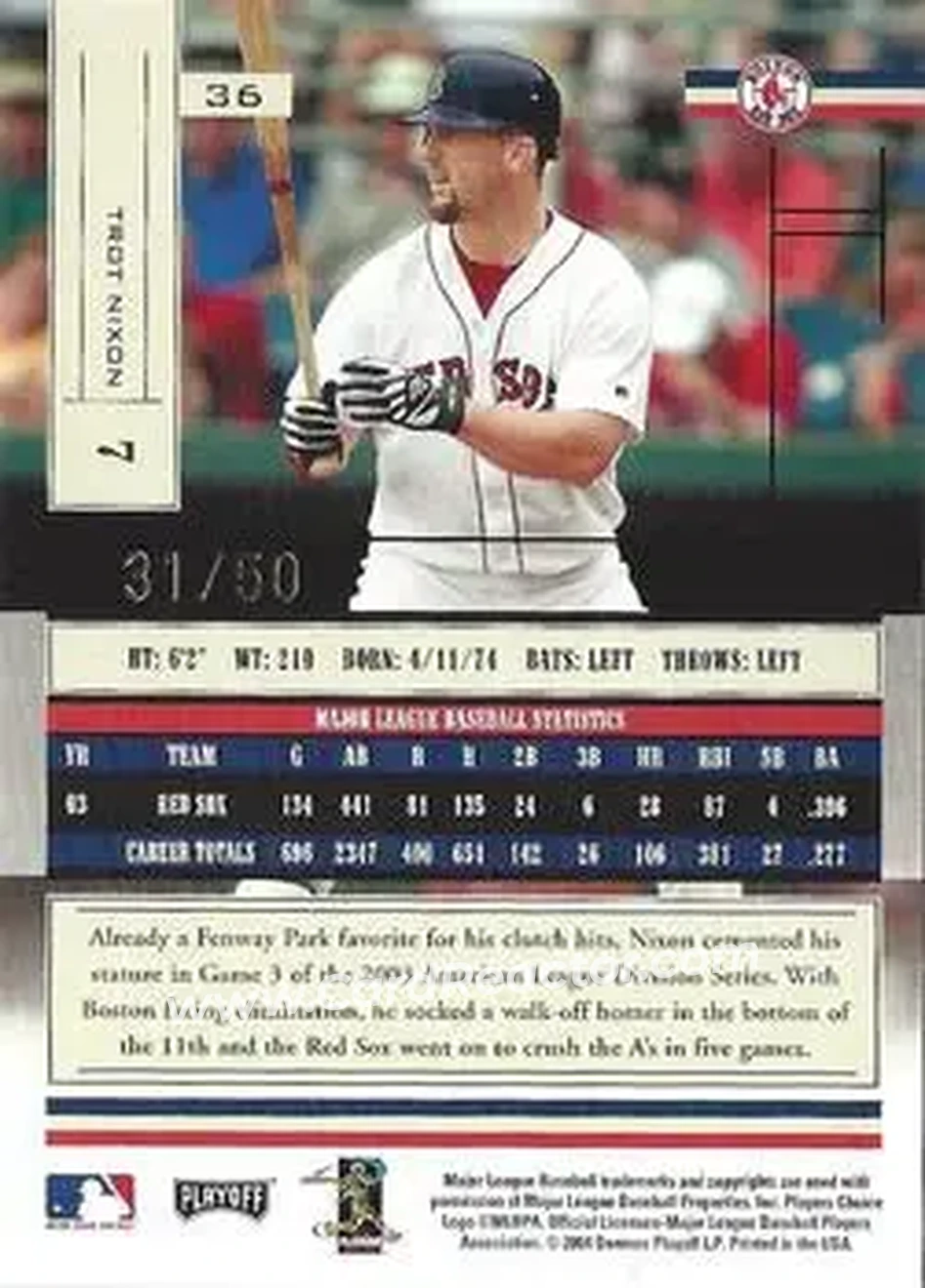 2004 Playoff Absolute Memorabilia - Spectrum Gold #36 - Trot Nixon - Boston Red Sox - Back 2004 Playoff Absolute Memorabilia - Spectrum Gold #36 - Trot Nixon - Boston Red Sox - Back