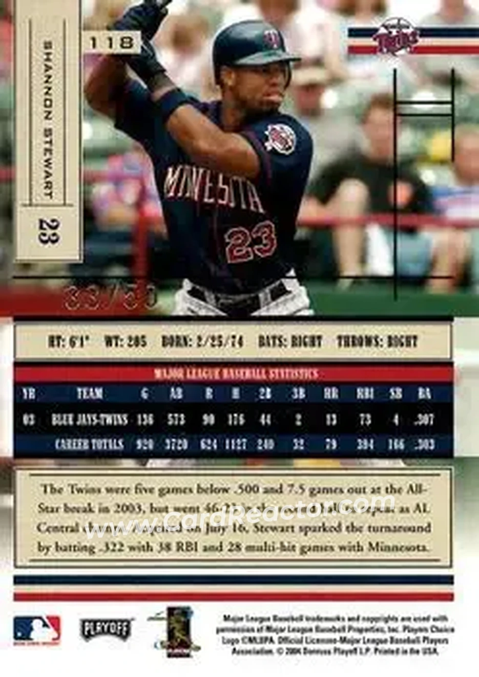 2004 Playoff Absolute Memorabilia - Spectrum Gold #118 - Shannon Stewart - Minnesota Twins - Back