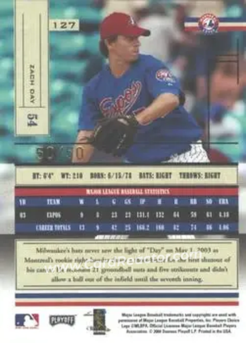 2004 Playoff Absolute Memorabilia - Spectrum Gold #127 - Zach Day - Montreal Expos - Back