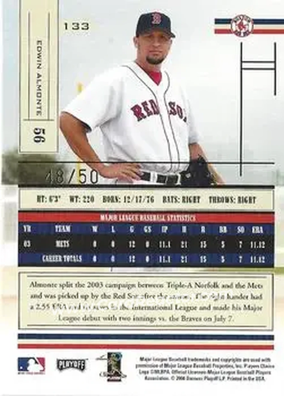 2004 Playoff Absolute Memorabilia - Spectrum Gold #133 - Edwin Almonte - Boston Red Sox - Back