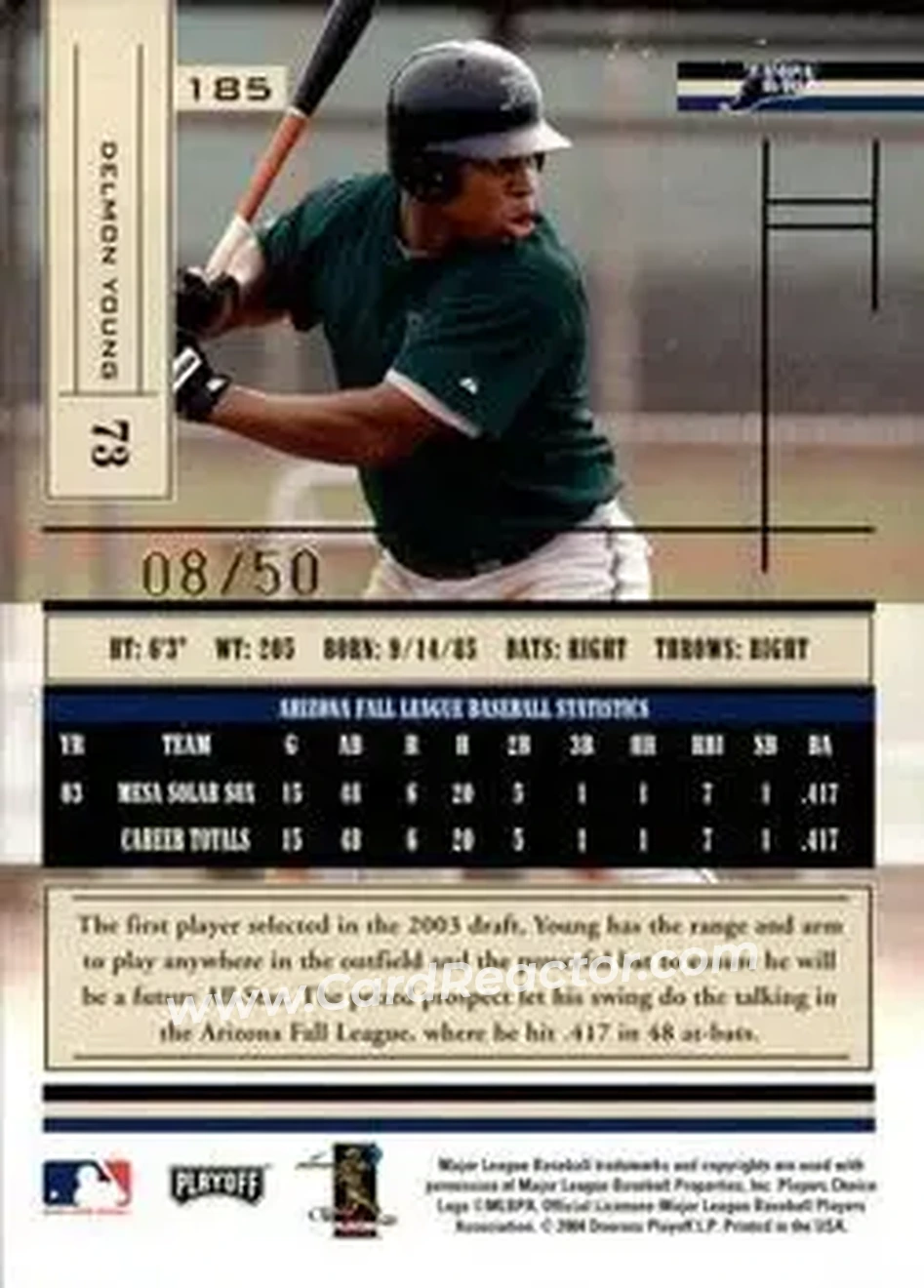 2004 Playoff Absolute Memorabilia - Spectrum Gold #185 - Delmon Young - Tampa Bay Devil Rays - Back