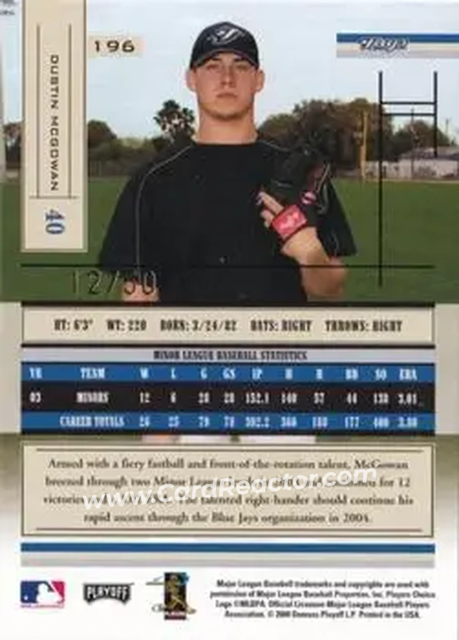 2004 Playoff Absolute Memorabilia - Spectrum Gold #196 - Dustin McGowan - Toronto Blue Jays - Back