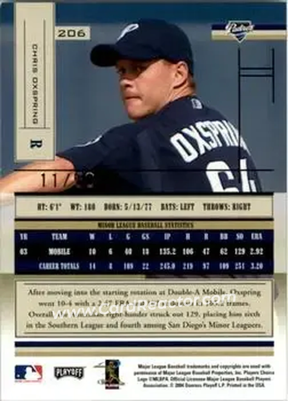2004 Playoff Absolute Memorabilia - Spectrum Gold #206 - Chris Oxspring - San Diego Padres - Back