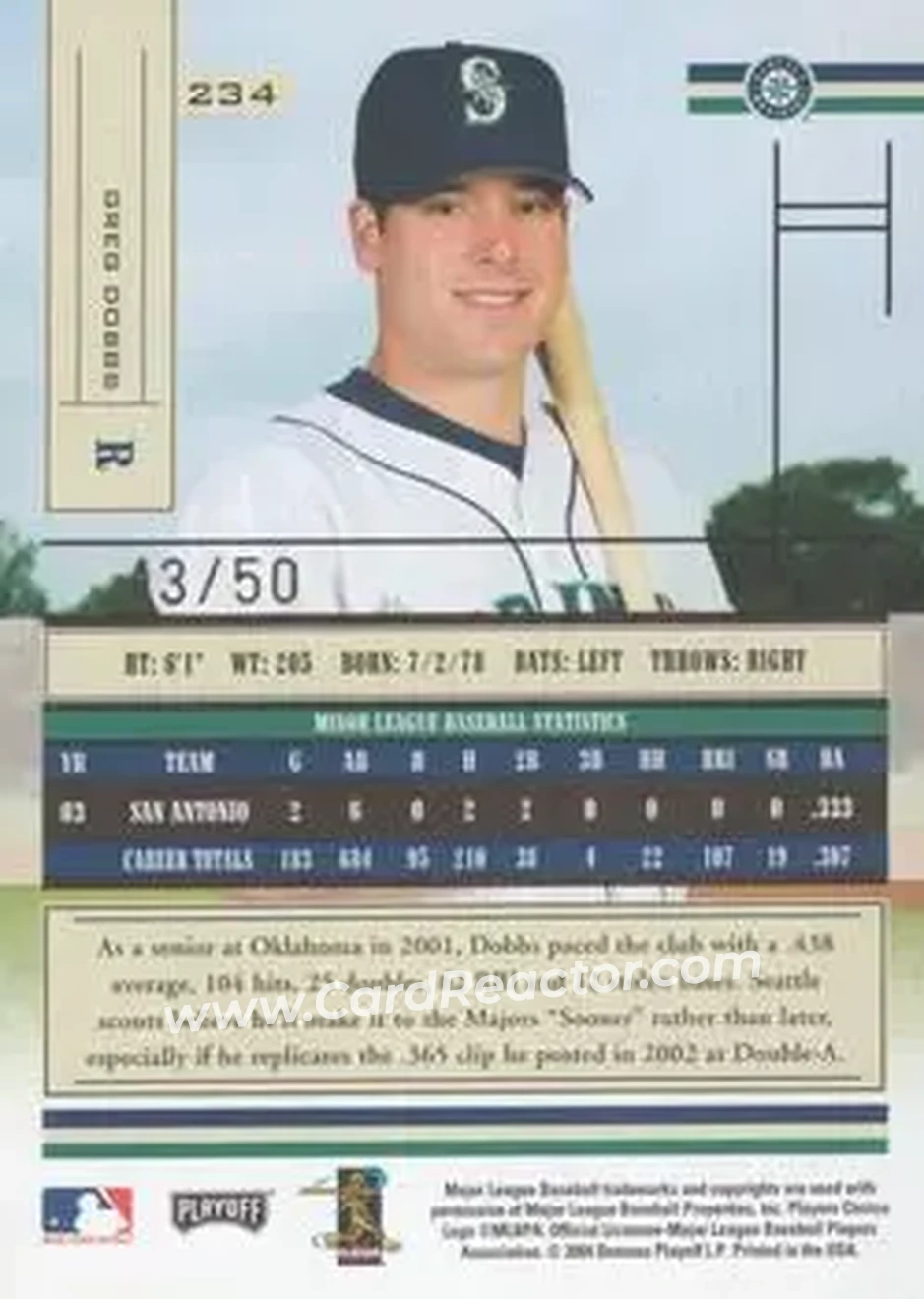2004 Playoff Absolute Memorabilia - Spectrum Gold #234 - Greg Dobbs - Seattle Mariners - Back