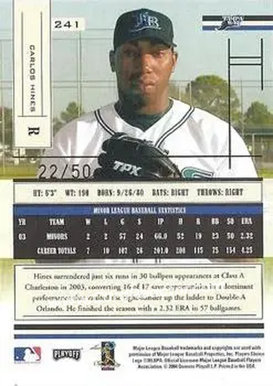 2004 Playoff Absolute Memorabilia - Spectrum Gold #241 - Carlos Hines - Tampa Bay Devil Rays - Back