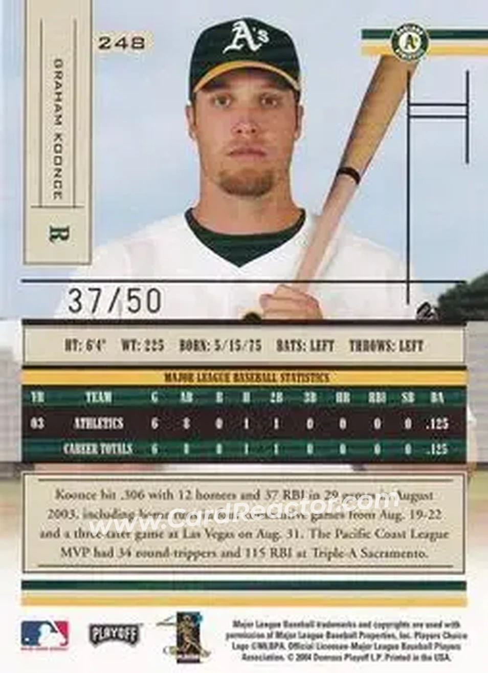 2004 Playoff Absolute Memorabilia - Spectrum Gold #248 - Graham Koonce - Oakland Athletics - Back