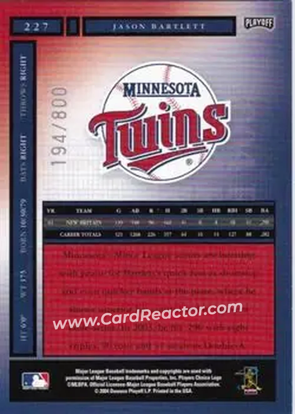 2004 Playoff Honors #227 - Jason Bartlett - Minnesota Twins - Back