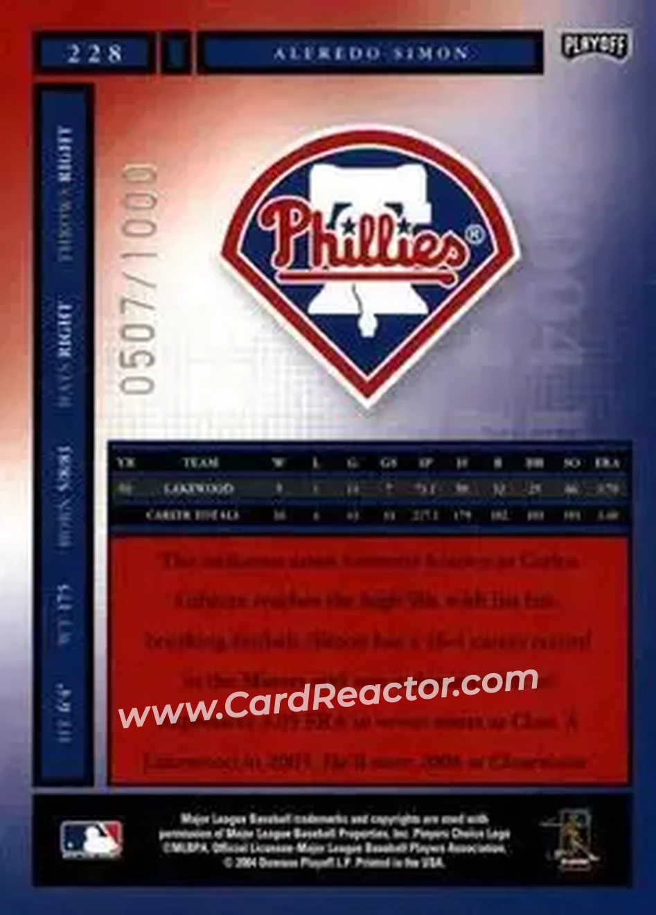 2004 Playoff Honors #228 - Alfredo Simon - Philadelphia Phillies - Back