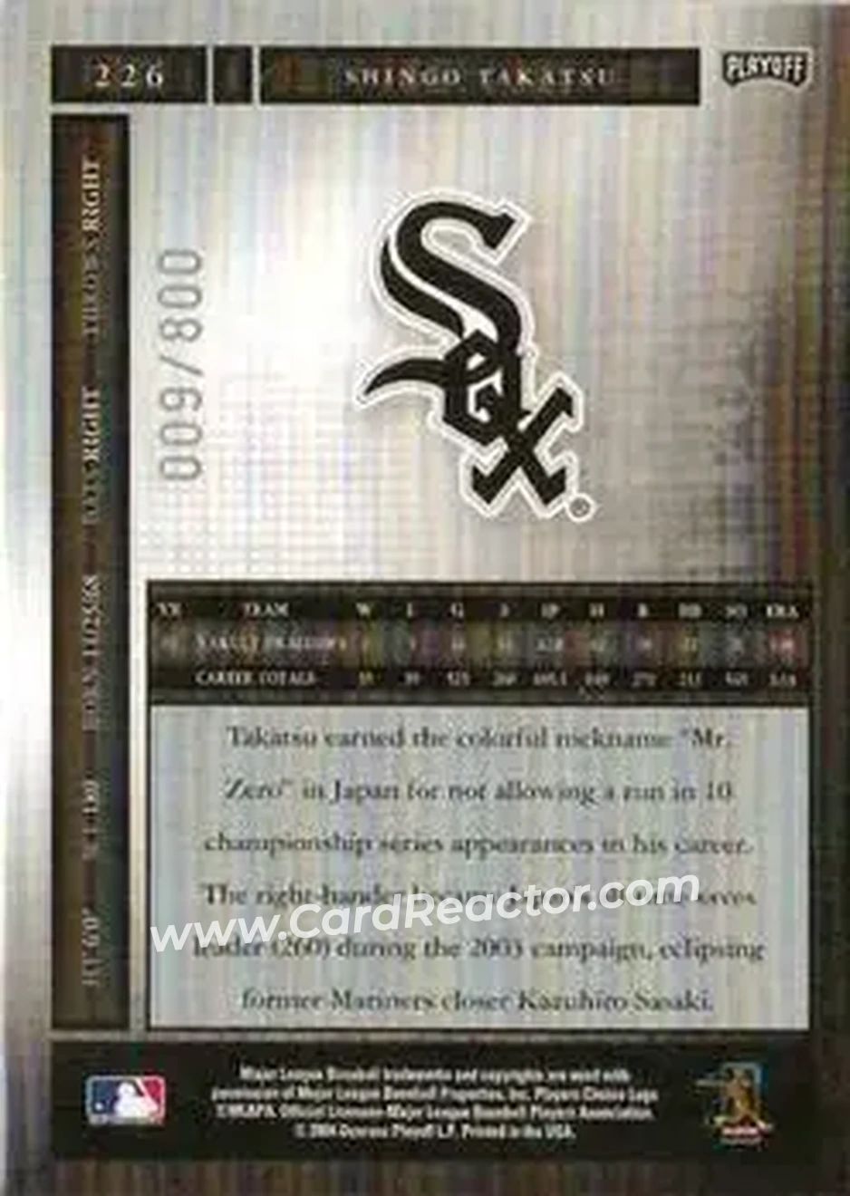 2004 Playoff Honors #226 - Shingo Takatsu - Chicago White Sox - Back