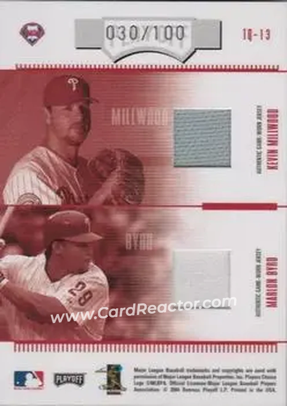 2004 Playoff Absolute Memorabilia - Team Quad Material #TQ-13 - Kevin Millwood - Marlon Byrd - Jim Thome - Bobby Abreu - Philadelphia Phillies - Back 2004 Playoff Absolute Memorabilia - Team Quad Material #TQ-13 - Kevin Millwood - Marlon Byrd - Jim Thome - Bobby Abreu - Philadelphia Phillies - Back