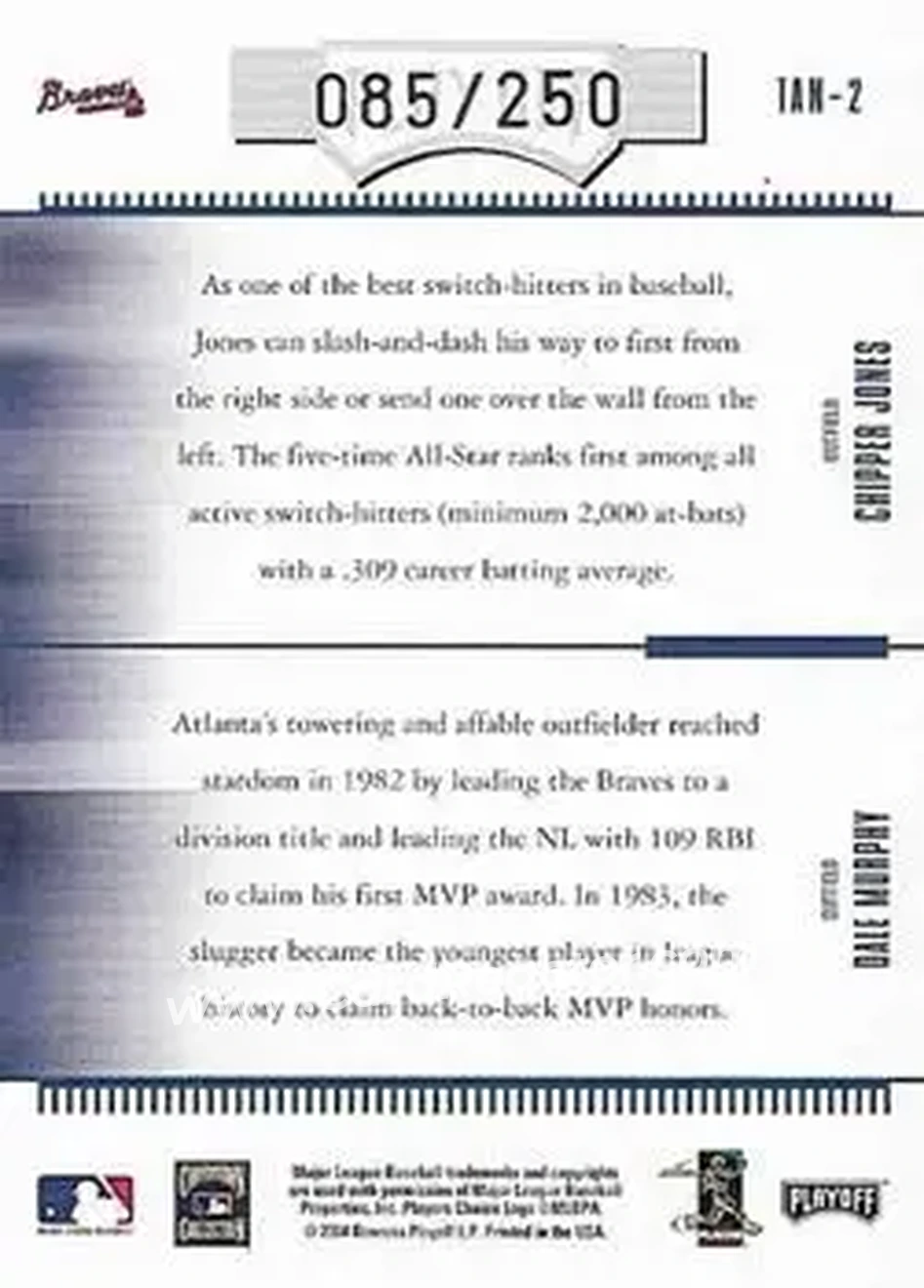 2004 Playoff Absolute Memorabilia - Team Tandems #TAN-2 - Dale Murphy - Chipper Jones - Atlanta Braves - Back 2004 Playoff Absolute Memorabilia - Team Tandems #TAN-2 - Dale Murphy - Chipper Jones - Atlanta Braves - Back