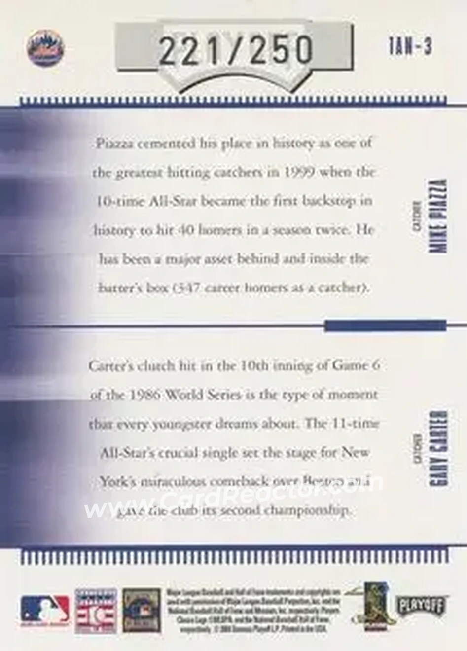 2004 Playoff Absolute Memorabilia - Team Tandems #TAN-3 - Gary Carter - Mike Piazza - New York Mets - Back 2004 Playoff Absolute Memorabilia - Team Tandems #TAN-3 - Gary Carter - Mike Piazza - New York Mets - Back