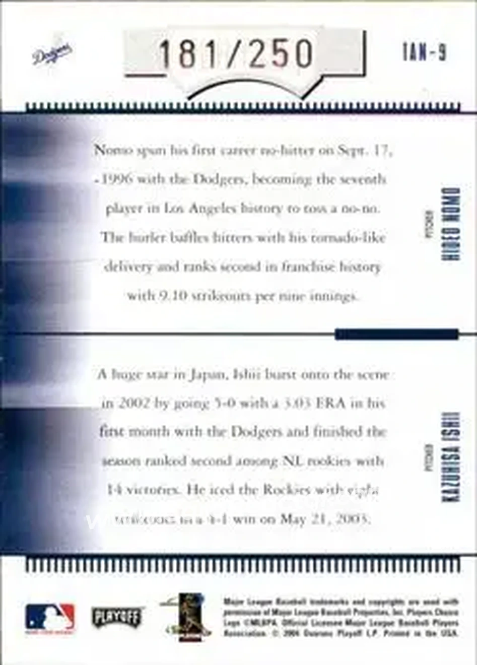 2004 Playoff Absolute Memorabilia - Team Tandems #TAN-9 - Kazuhisa Ishii - Hideo Nomo - Los Angeles Dodgers - Back 2004 Playoff Absolute Memorabilia - Team Tandems #TAN-9 - Kazuhisa Ishii - Hideo Nomo - Los Angeles Dodgers - Back