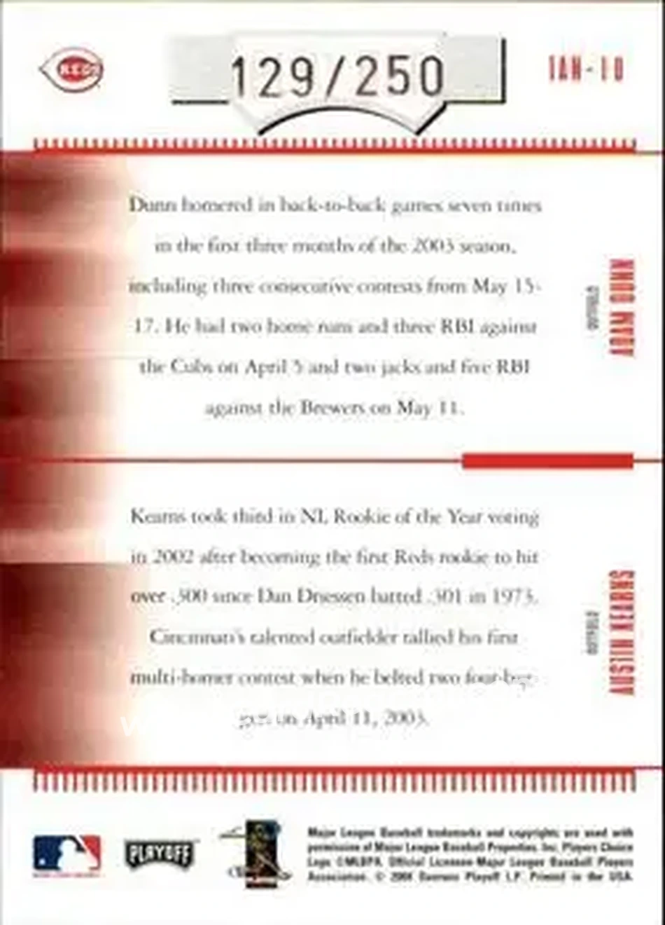 2004 Playoff Absolute Memorabilia - Team Tandems #TAN-10 - Austin Kearns - Adam Dunn - Cincinnati Reds - Back