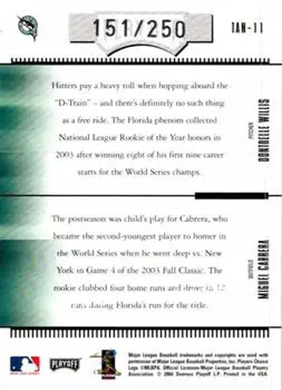 2004 Playoff Absolute Memorabilia - Team Tandems #TAN-11 - Miguel Cabrera - Dontrelle Willis - Florida Marlins - Back