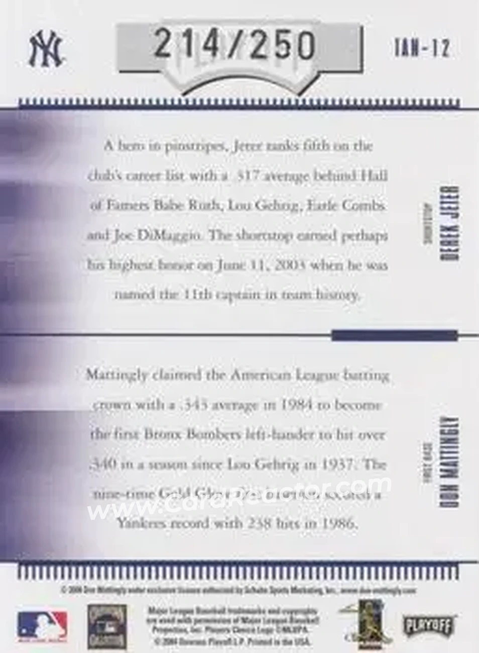 2004 Playoff Absolute Memorabilia - Team Tandems #TAN-12 - Don Mattingly - Derek Jeter - New York Yankees - Back