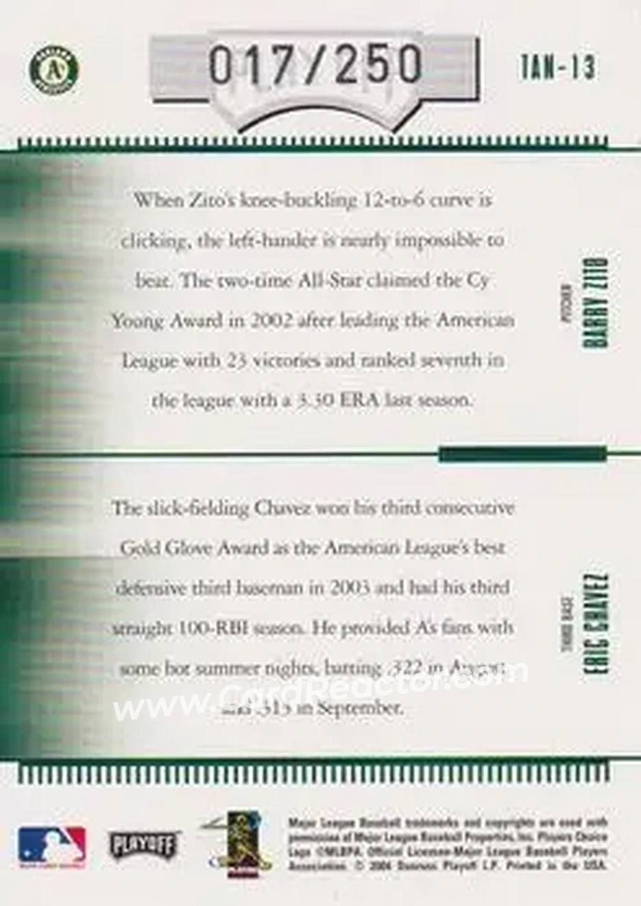 2004 Playoff Absolute Memorabilia - Team Tandems #TAN-13 - Barry Zito - Eric Chavez - Oakland Athletics - Back
