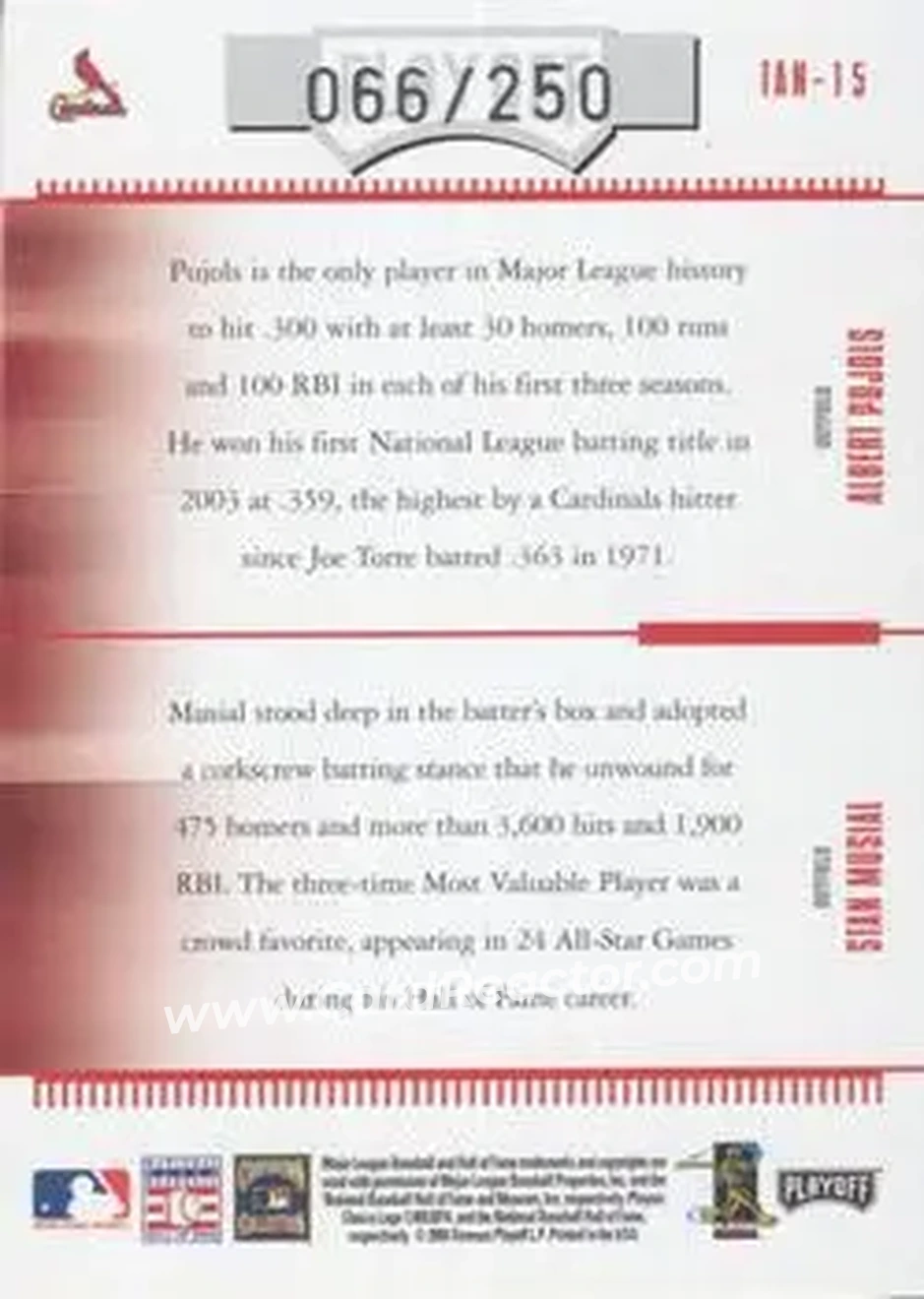2004 Playoff Absolute Memorabilia - Team Tandems #TAN-15 - Albert Pujols - Stan Musial - St. Louis Cardinals - Back 2004 Playoff Absolute Memorabilia - Team Tandems #TAN-15 - Albert Pujols - Stan Musial - St. Louis Cardinals - Back