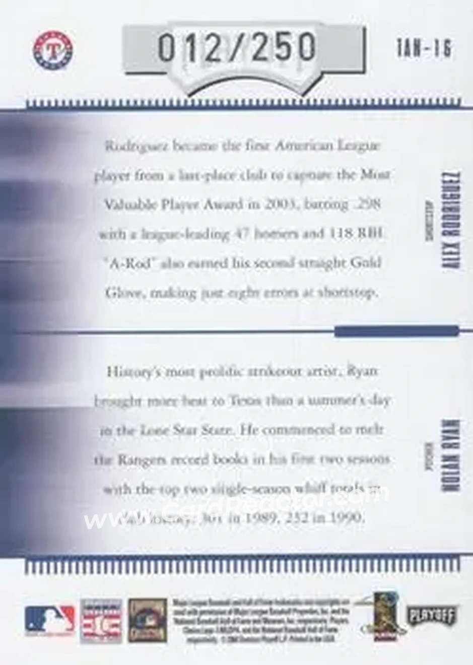 2004 Playoff Absolute Memorabilia - Team Tandems #TAN-16 - Nolan Ryan - Alex Rodriguez - Texas Rangers - Back