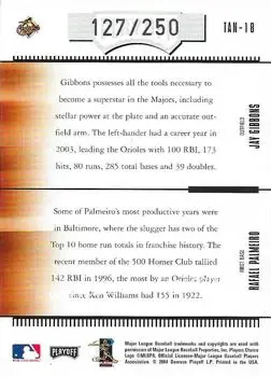 2004 Playoff Absolute Memorabilia - Team Tandems #TAN-18 - Rafael Palmeiro - Jay Gibbons - Baltimore Orioles - Back