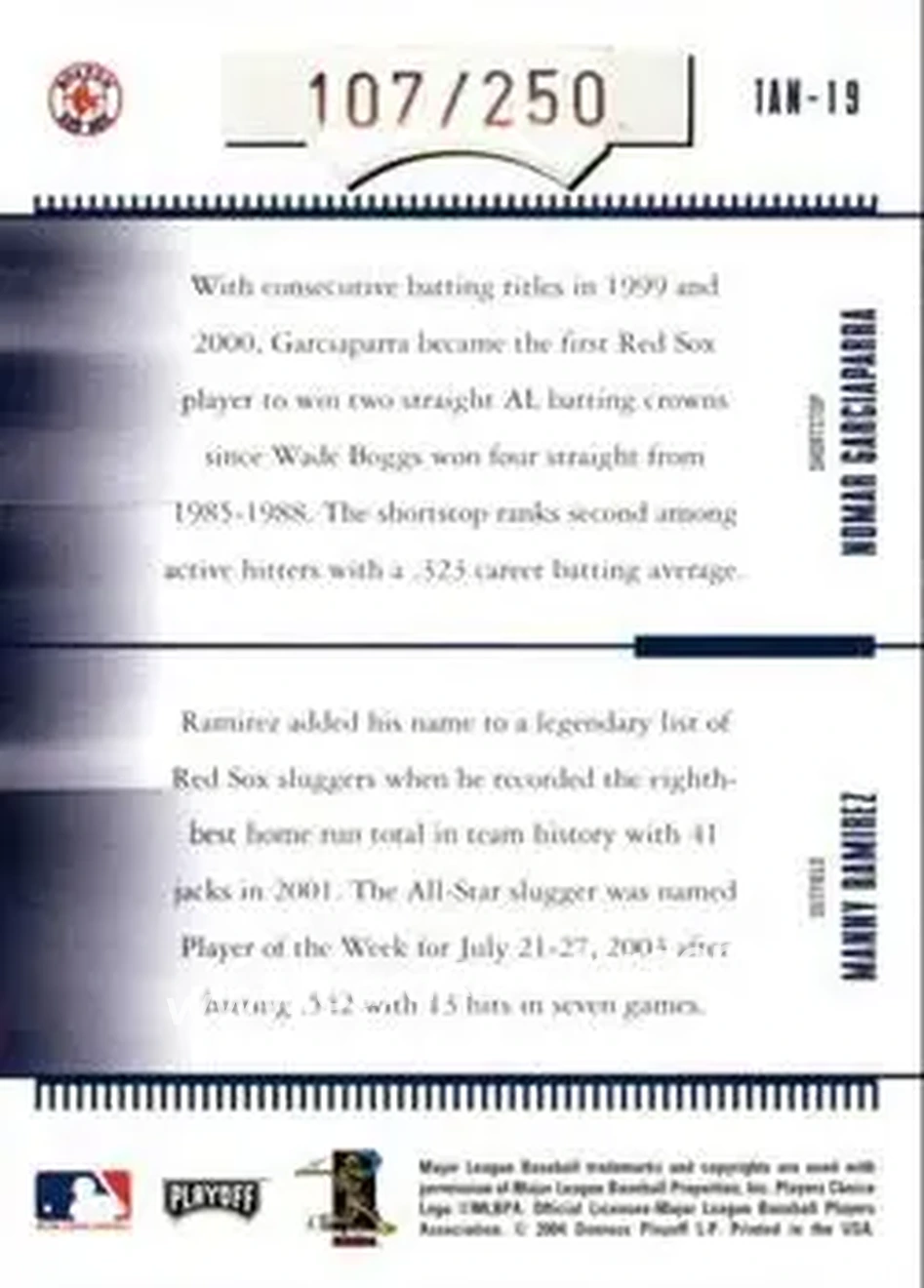 2004 Playoff Absolute Memorabilia - Team Tandems #TAN-19 - Nomar Garciaparra - Manny Ramirez - Boston Red Sox - Back