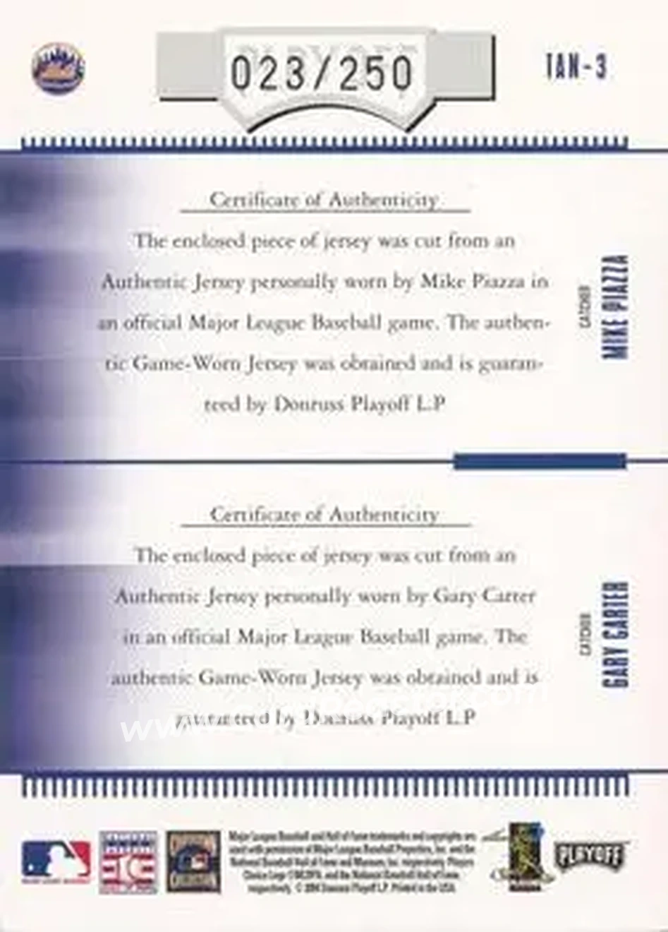 2004 Playoff Absolute Memorabilia - Team Tandems Material #TAN-3 - Gary Carter - Mike Piazza - New York Mets - Back 2004 Playoff Absolute Memorabilia - Team Tandems Material #TAN-3 - Gary Carter - Mike Piazza - New York Mets - Back