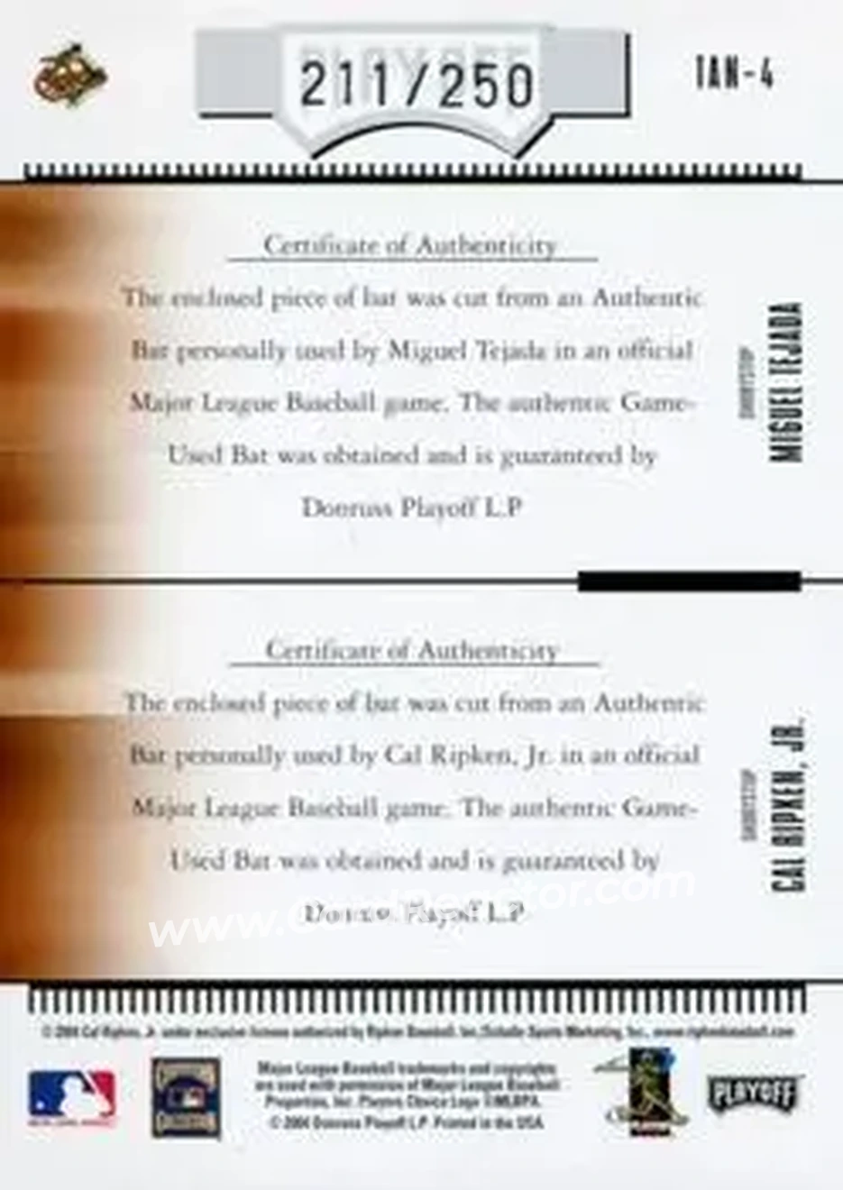 2004 Playoff Absolute Memorabilia - Team Tandems Material #TAN-4 - Miguel Tejada - Cal Ripken Jr. - Baltimore Orioles - Back