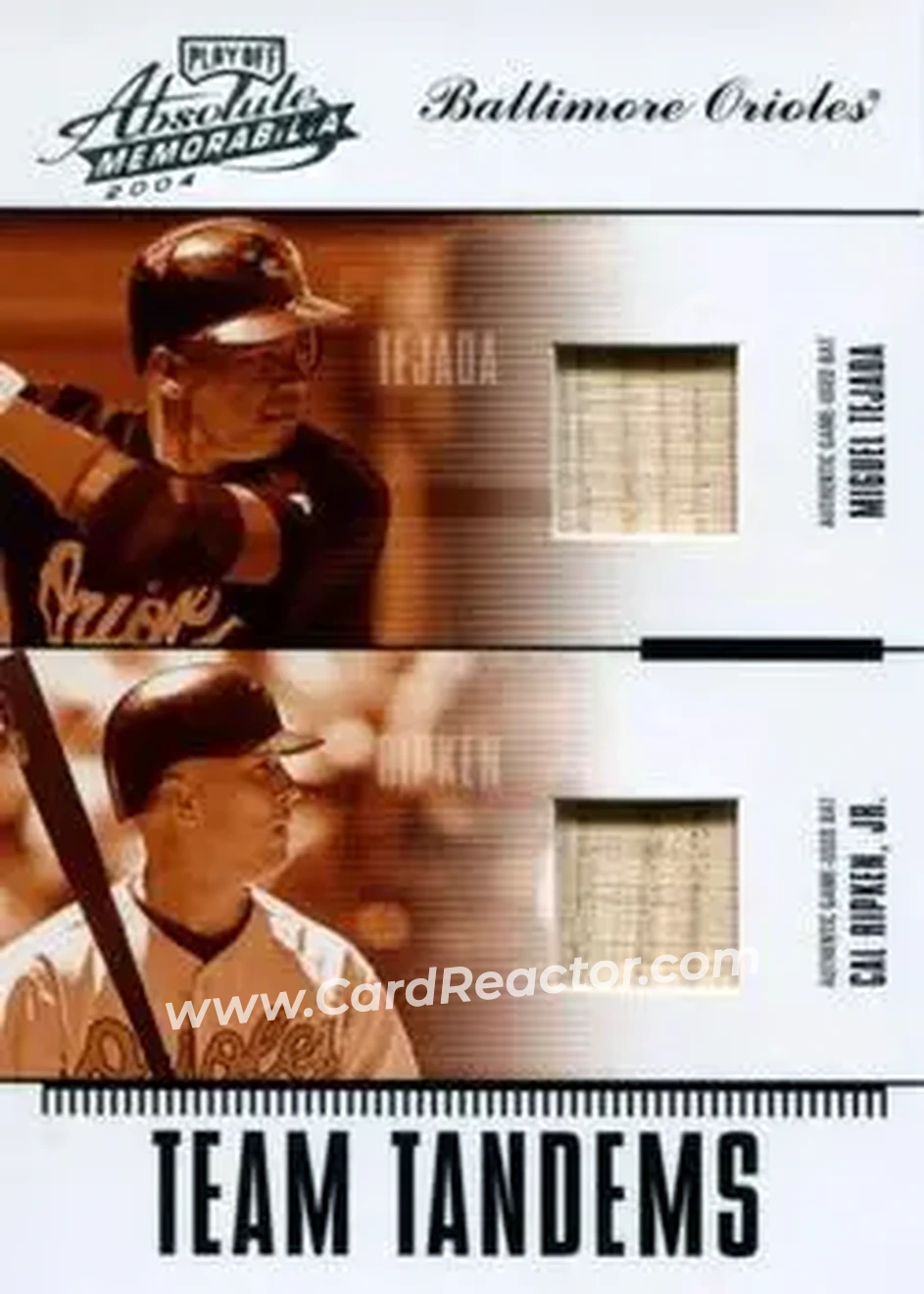 2004 Playoff Absolute Memorabilia - Team Tandems Material #TAN-4 - Miguel Tejada - Cal Ripken Jr. - Baltimore Orioles - Front