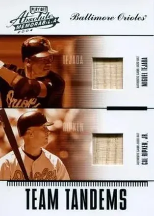 2004 Playoff Absolute Memorabilia #TAN-4 Team Tandems Material Miguel Tejada - Cal Ripken Jr.
