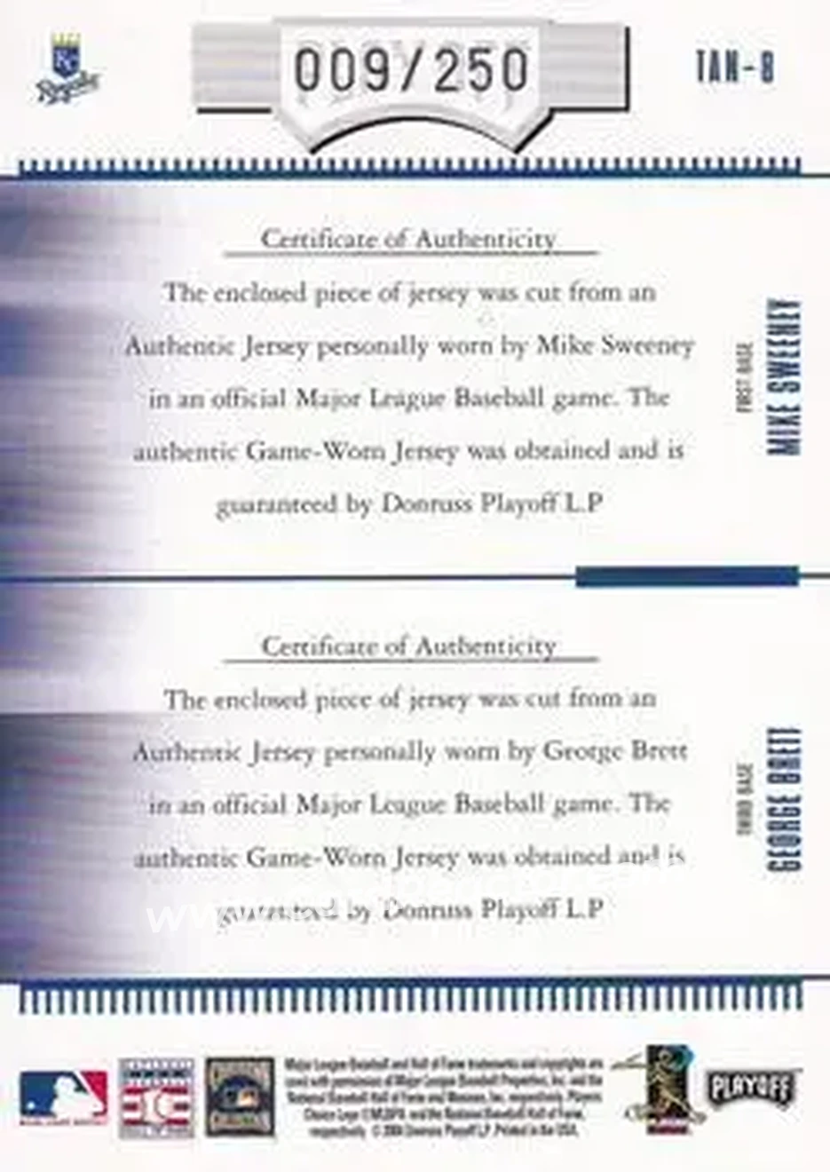 2004 Playoff Absolute Memorabilia - Team Tandems Material #TAN-8 - Mike Sweeney - George Brett - Kansas City Royals - Back 2004 Playoff Absolute Memorabilia - Team Tandems Material #TAN-8 - Mike Sweeney - George Brett - Kansas City Royals - Back
