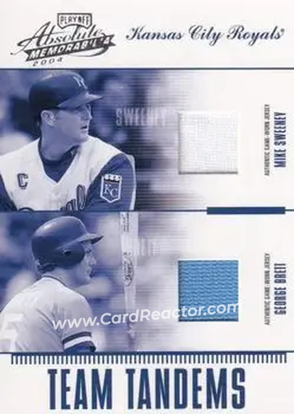 2004 Playoff Absolute Memorabilia - Team Tandems Material #TAN-8 - Mike Sweeney - George Brett - Kansas City Royals - Front 2004 Playoff Absolute Memorabilia - Team Tandems Material #TAN-8 - Mike Sweeney - George Brett - Kansas City Royals - Front