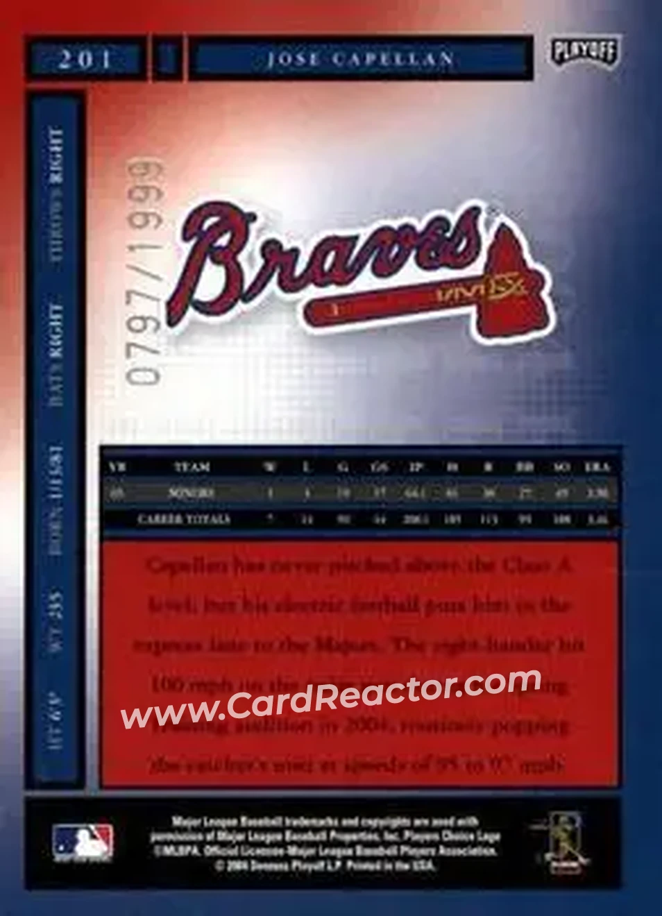 2004 Playoff Honors #201 - Jose Capellan - Atlanta Braves - Back