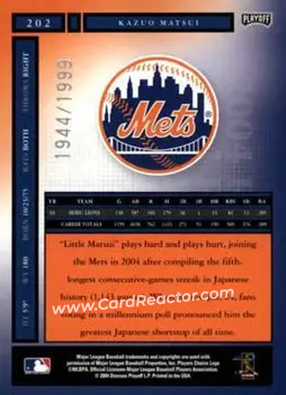 2004 Playoff Honors #202 - Kazuo Matsui - New York Mets - Back