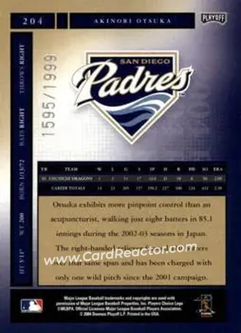 2004 Playoff Honors #204 - Akinori Otsuka - San Diego Padres - Back