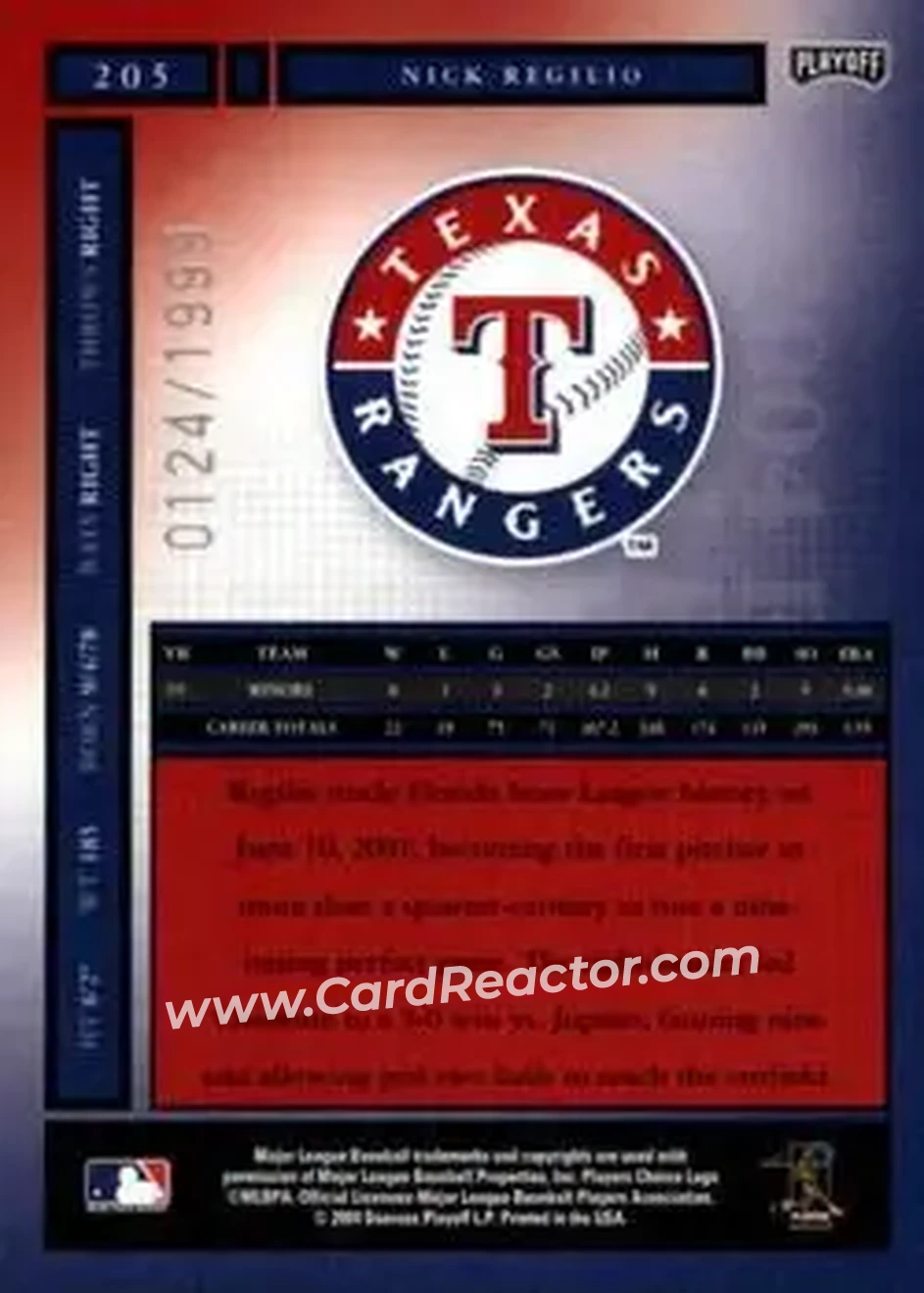 2004 Playoff Honors #205 - Nick Regilio - Texas Rangers - Back