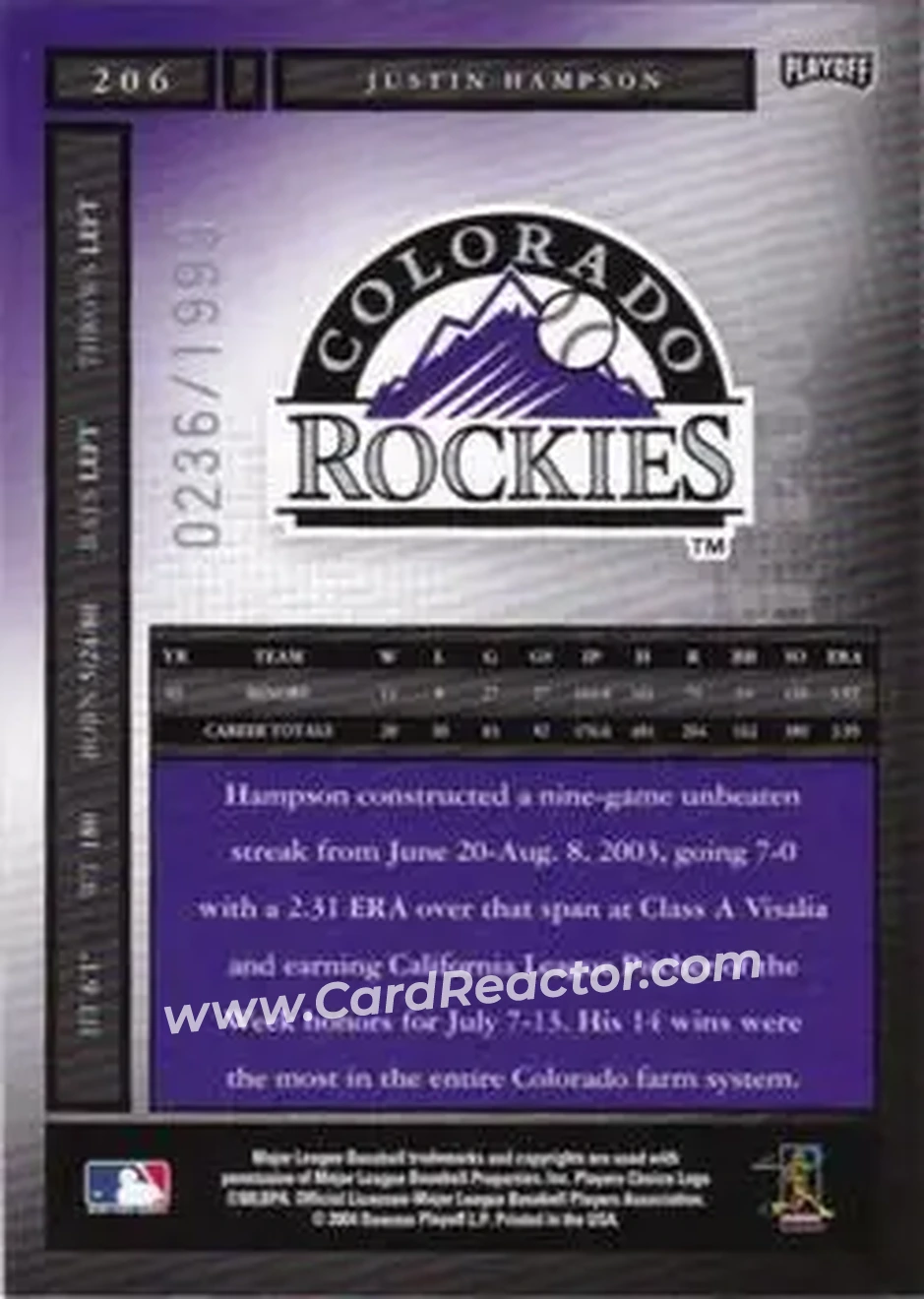 2004 Playoff Honors #206 - Justin Hampson - Colorado Rockies - Back