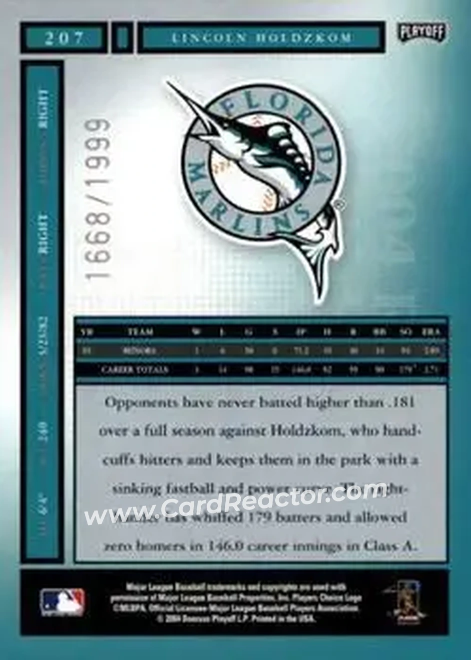 2004 Playoff Honors #207 - Lincoln Holdzkom - Florida Marlins - Back 2004 Playoff Honors #207 - Lincoln Holdzkom - Florida Marlins - Back