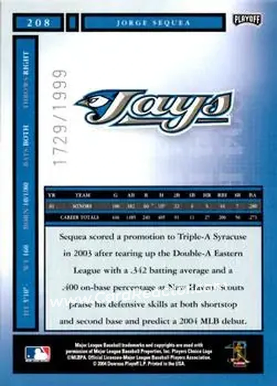 2004 Playoff Honors #208 - Jorge Sequea - Toronto Blue Jays - Back