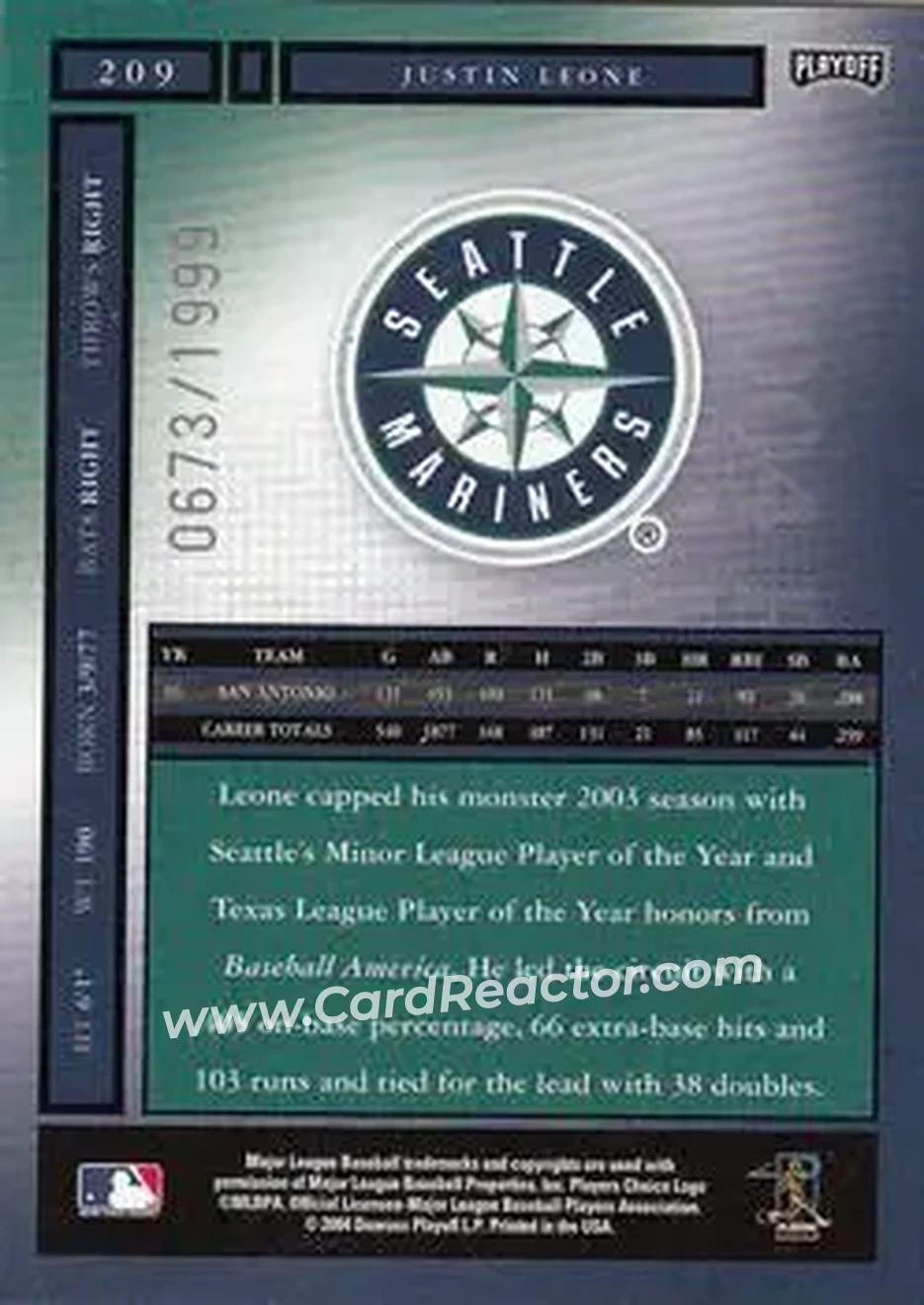 2004 Playoff Honors #209 - Justin Leone - Seattle Mariners - Back