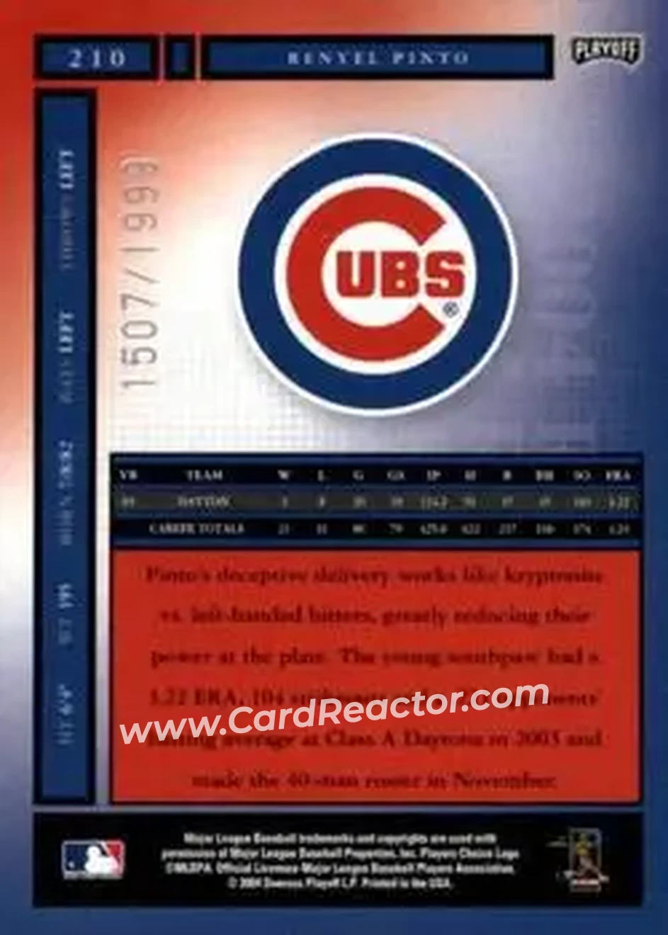 2004 Playoff Honors #210 - Renyel Pinto - Chicago Cubs - Back