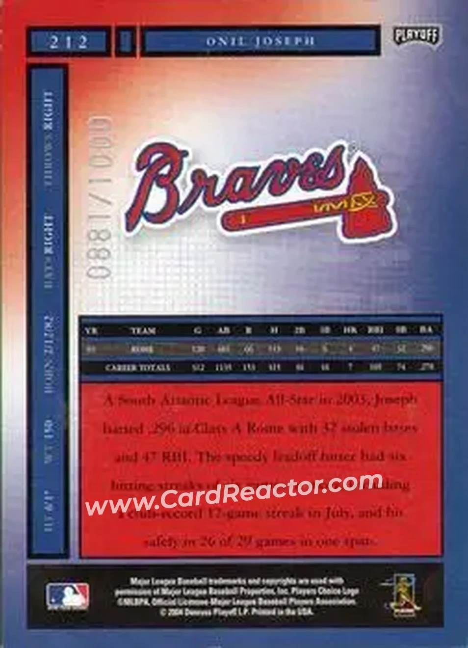 2004 Playoff Honors #212 - Onil Joseph - Atlanta Braves - Back
