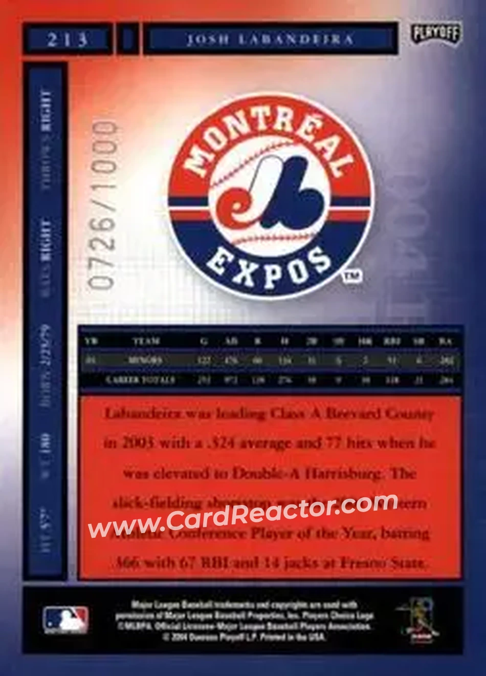 2004 Playoff Honors #213 - Josh Labandeira - Montreal Expos - Back