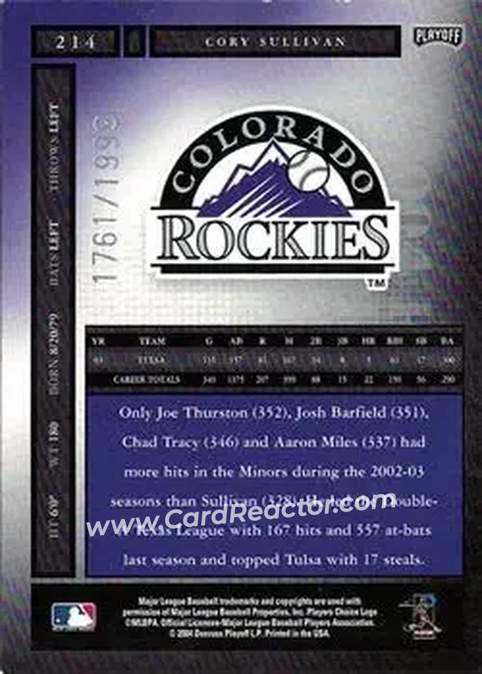 2004 Playoff Honors #214 - Cory Sullivan - Colorado Rockies - Back