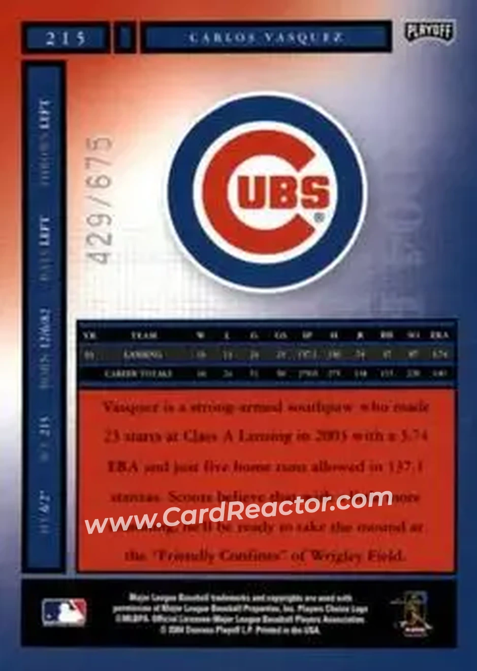2004 Playoff Honors #215 - Carlos Vasquez - Chicago Cubs - Back